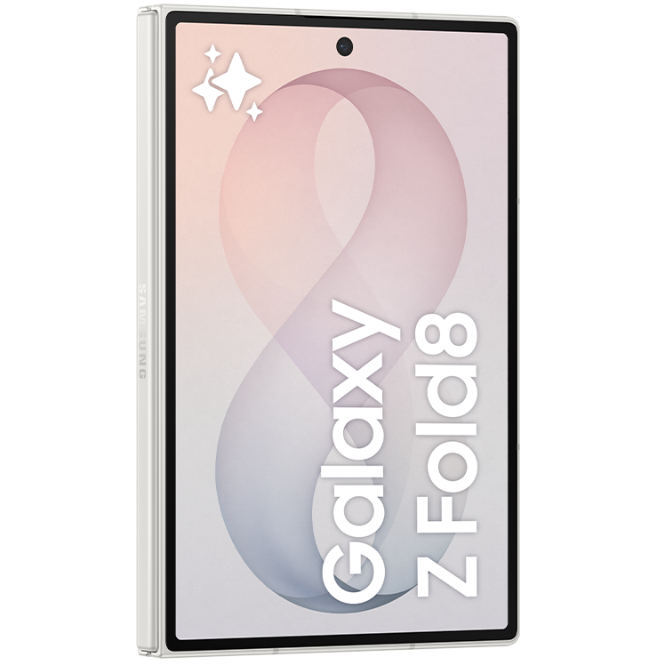 Samsung Galaxy Z Fold8 vikbar smartphone sedd snett framifrån, öppnad i surfplatteläge med rosa och lila skärm.
