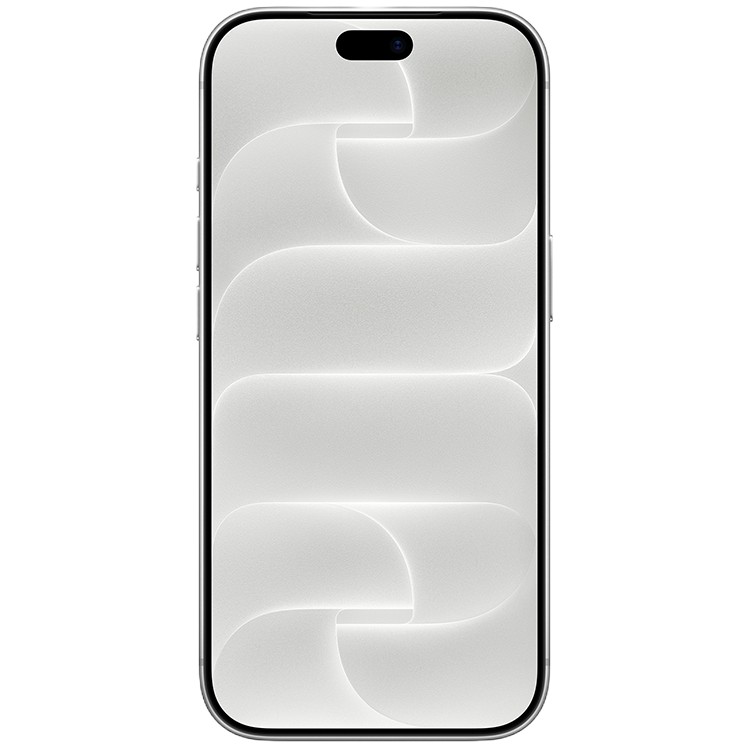 En silver iPhone 18 Pro sedd framifrån med ett abstrakt vågmönster i grått och vitt på skärmen.