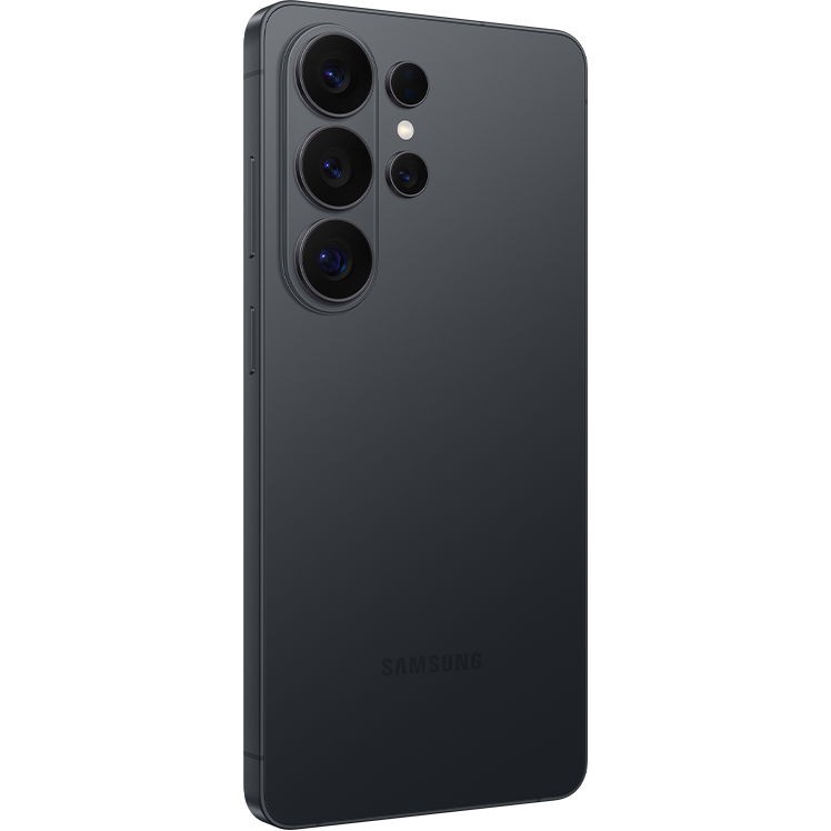 Svart Samsung-smartphone sedd snett bakifrån med fem vertikalt placerade kameralinser i svart på vänster sida.