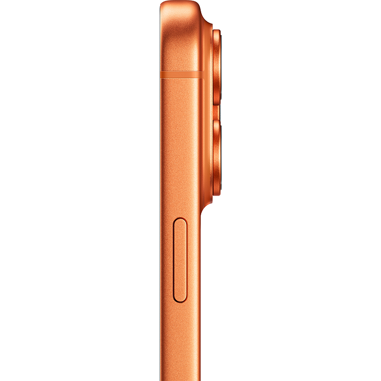 Sidovy av en orangefärgad iPhone 17 Pro Max som visar dess tunna profil med kameramodul och sidoknapp.