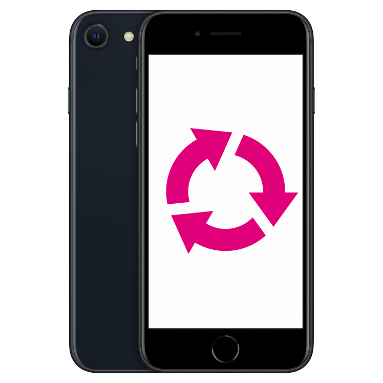 iPhone SE, svart, framsida och baksida, kamera i övre vänstra hörnet på mobilens baksida. Återvinningssymbol i mitten.