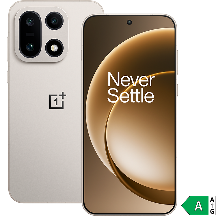 Grå OnePlus-smartphone med fyra kameror på baksidan och en skärm som visar "Never Settle" mot blå bakgrund. Energimärkning A.