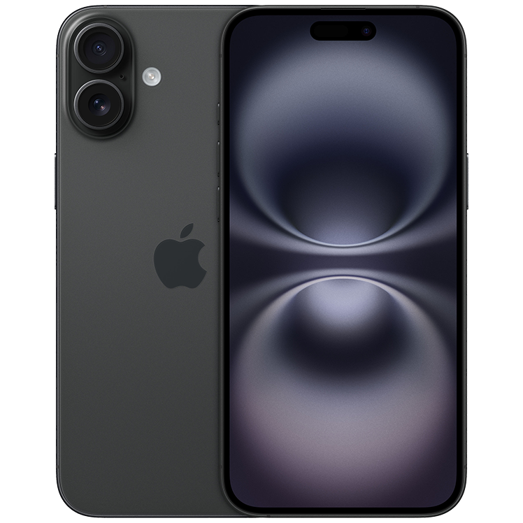 iPhone 16 Plus, svart, fram- och baksida, skärm med mönster på framsidan, två kameror i övre vänstra hörnet på baksidan