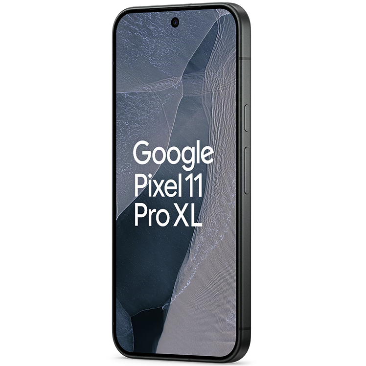 Google Pixel 11 Pro XL smartphone i svart färg med svart skärm, visad i vinkel från framsidan.
