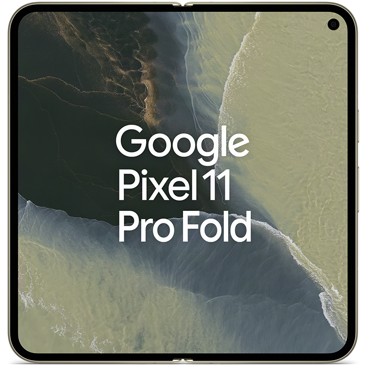 Google Pixel 11 Pro Fold visad framifrån med en luftvy över kust som bakgrundsbild, ljus ram.