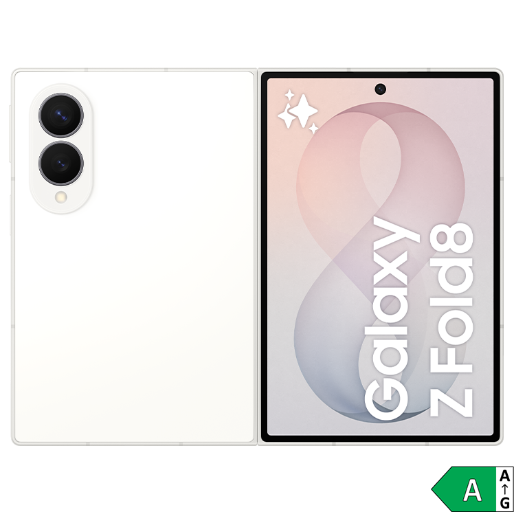 Samsung Galaxy Z Fold8 vikbar smartphone, öppen med baksida och stor skärm och energiklass A-märkning.