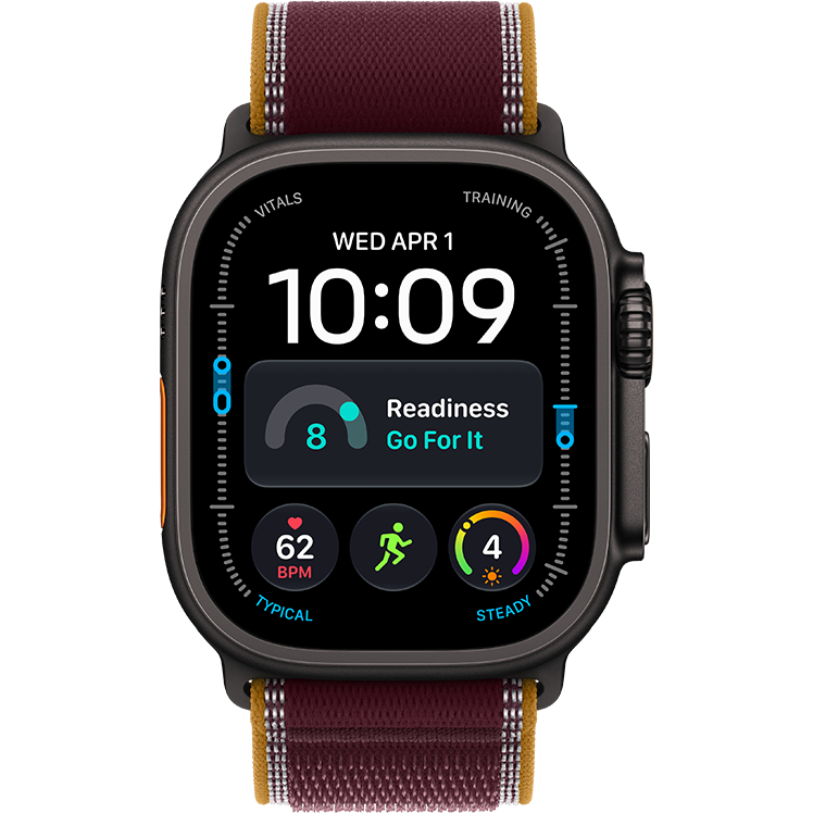 Apple Watch Ultra med svart hölje och vinröd armband, visar tid 10:09, hälsodata och träningsinformation på skärmen.
