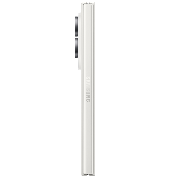 Samsung smartphone i vit färg sedd från sidan, med dubbelkamera synlig på baksidan.