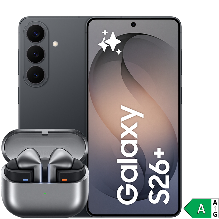 Fram- och baksida på svart Samsung Galaxy S26+ med Galaxy Buds3 Pro framför