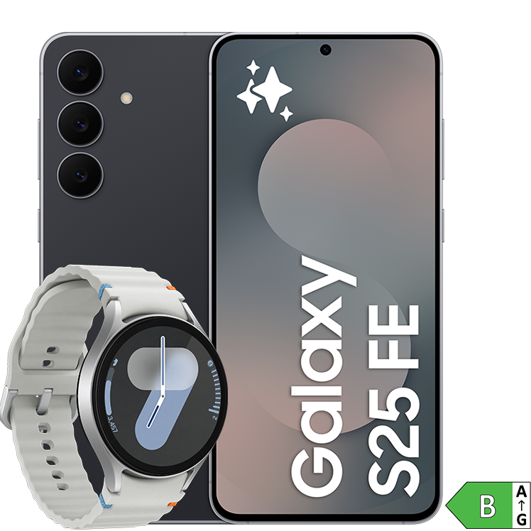 En svart Samsung Galaxy S25 FE med tre kameror visas bredvid en silverfärgad smartklocka med energimärkning B.