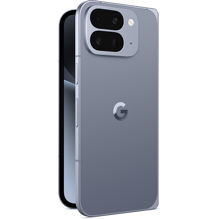 En grå Google Pixel-smartphone sedd bakifrån med framträdande kamerasystem i övre vänstra hörnet och G-logotyp i mitten.