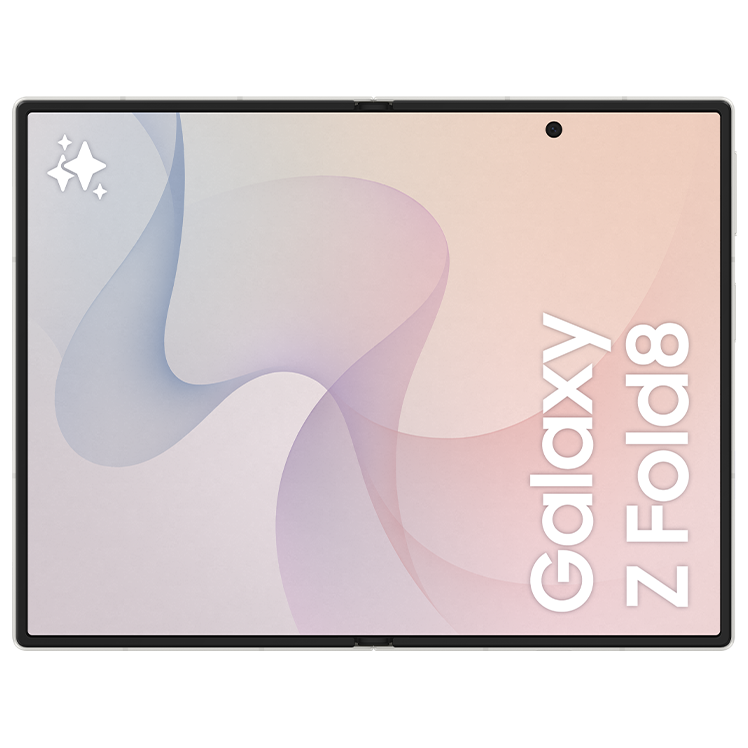 Samsung Galaxy Z Fold8 vikbar smartphone sedd framifrån, öppnad i surfplatteläge med rosa och lila skärm.