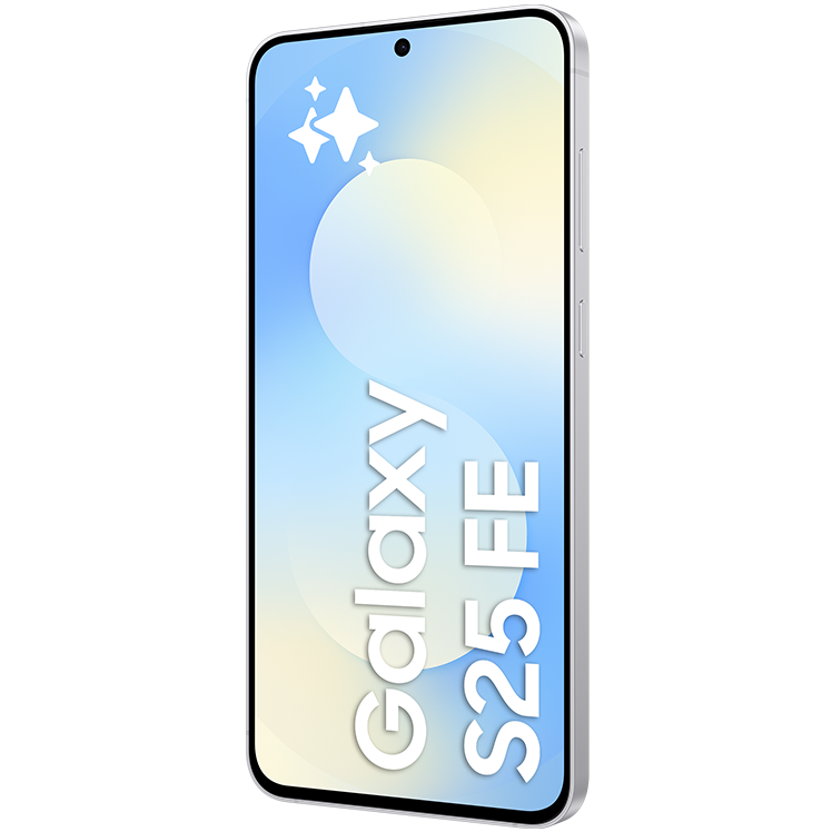 Perspektiv av en Samsung Galaxy S25 FE med ljusblå skärm som visar mobilen namn och stjärnformade ikoner i övre hörnet.