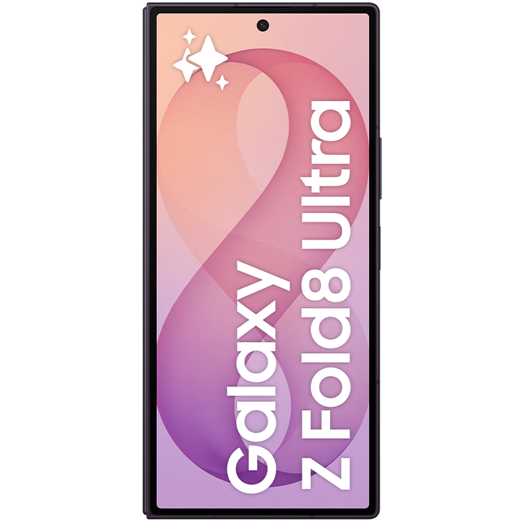 Samsung Galaxy Z Fold8 Ultra sedd framifrån med mjukt rosa och lila bakgrund och vit text på skärmen.
