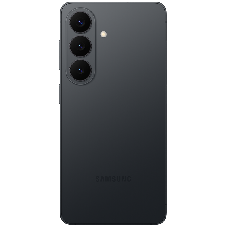 Baksidan av en svart Samsung-smartphone med tre kameror i en vertikal rad och en blixt placerad bredvid.