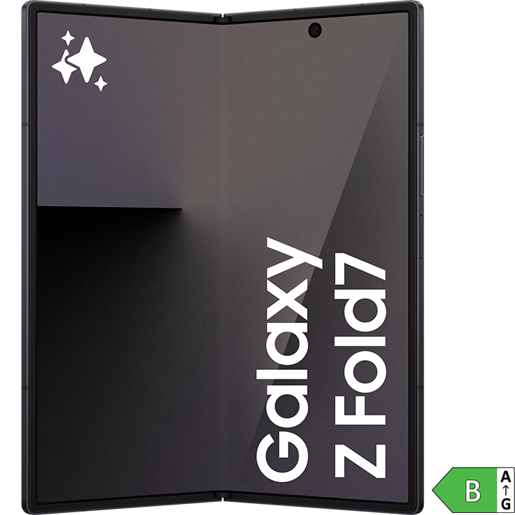 En Samsung Galaxy Z Fold7 med mörkgrå skärm och vikbar design, visad i utfällt läge med energimärkning B i hörnet.