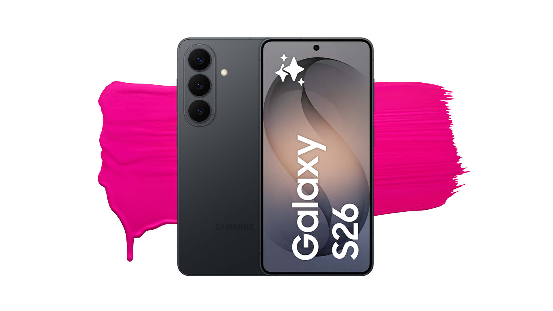 En svart Samsung Galaxy S26 smartphone med trippelkamera, visande en elegant skärm med gradienter