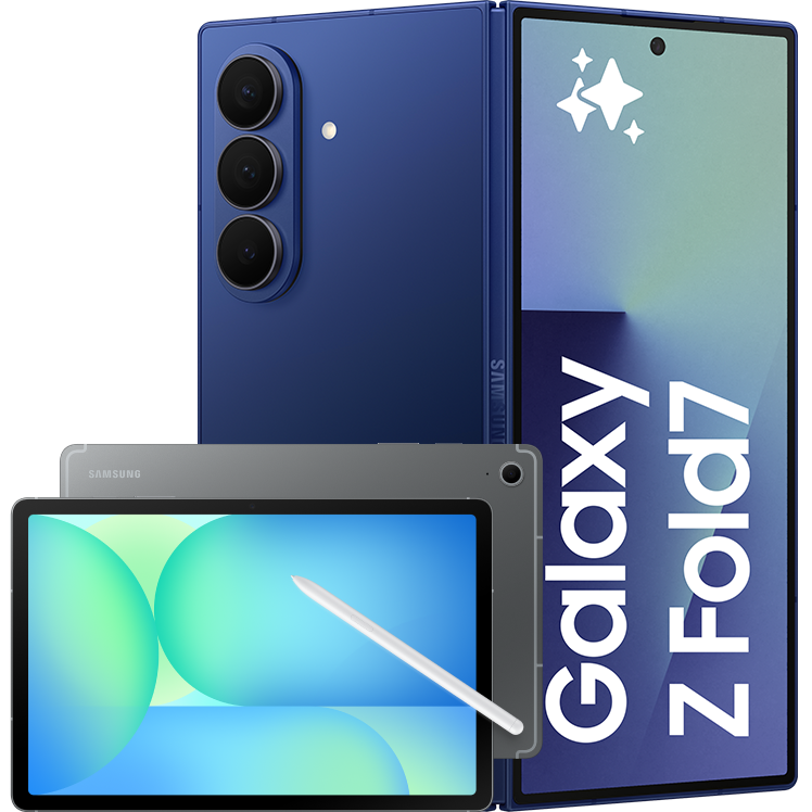 En blå Samsung Galaxy Z Fold7 smartphone bredvid en Galaxy Tab surfplatta med penna och blågrön skärm.