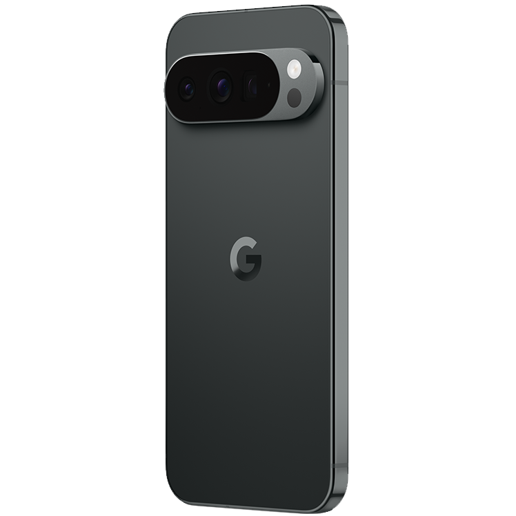 En svart Google Pixel-telefon med svart ram och ett distinkt kameramodul med flera linser på baksidan.