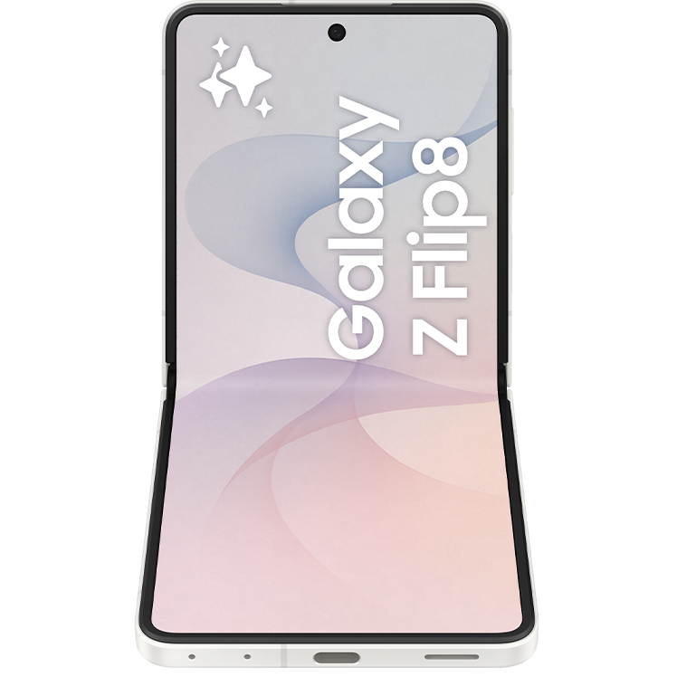 Samsung Galaxy Z Flip8 vikbar smartphone i rosa färg, visad framifrån i öppet läge med rosa skärm.