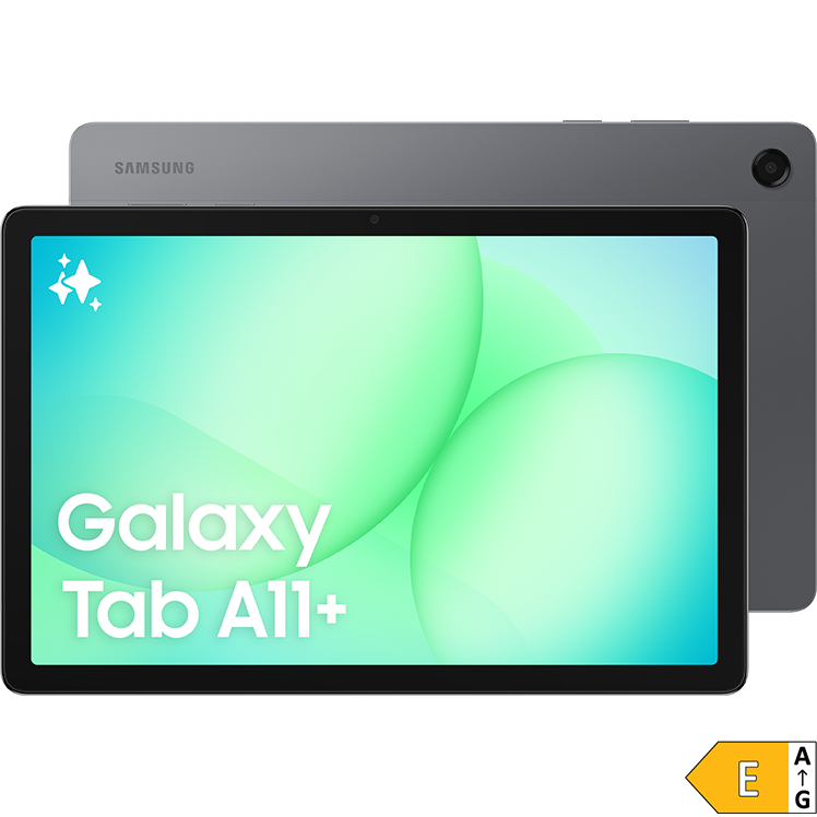 Samsung Galaxy Tab A11+ surfplatta i grå färg med ljusgrön skärm som visar produktnamnet och en energimärkning i hörnet.