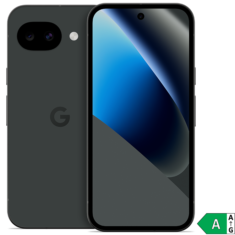 Fram- och baksida på svart Google Pixel 10a 