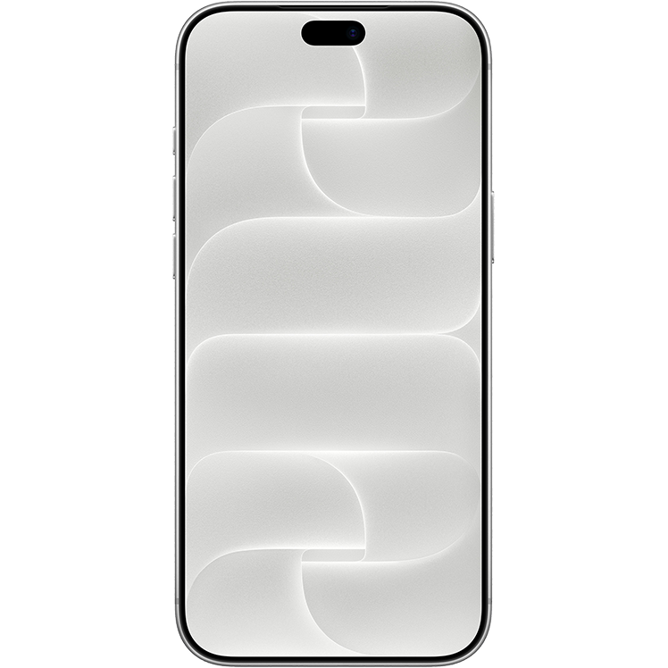 En silverfärgad iPhone 18 Pro Max sedd framifrån med ett abstrakt vågmönster i grått och vitt på skärmen.