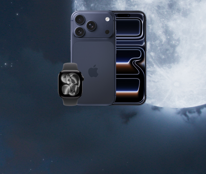 Apple iPhone 17 Pro med Apple Watch Series 11 mot en mörk himmel med måne