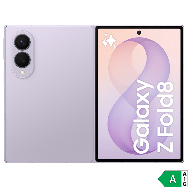 Samsung Galaxy Z Fold8 vikbar smartphone, öppen med stor skärm och energiklass A-märkning.