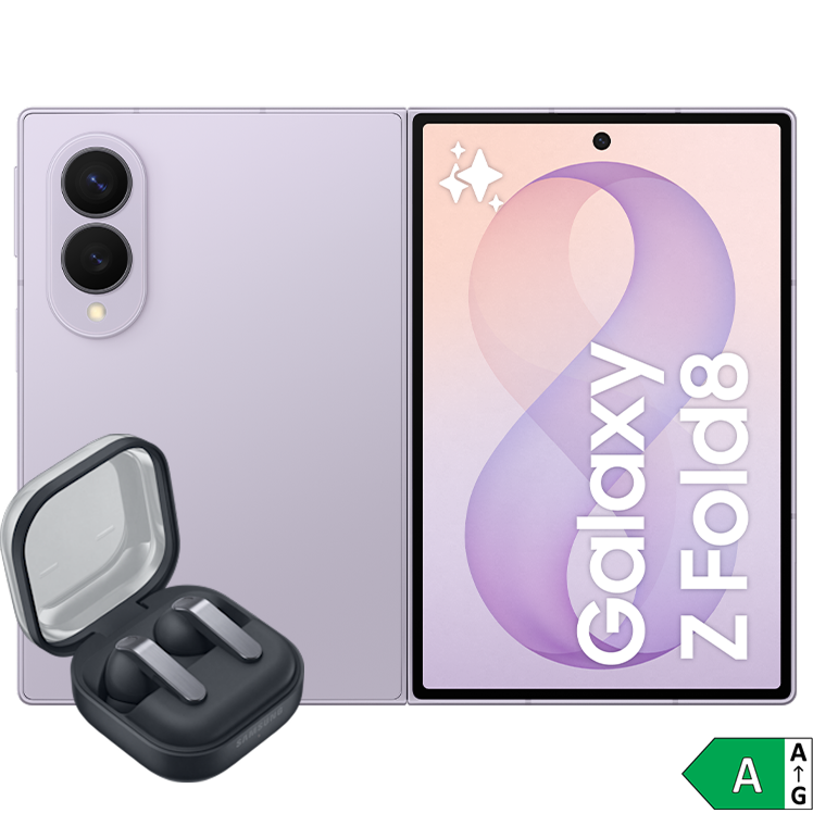 Samsung Galaxy Z Fold8 i lila, öppen vy, med svarta trådlösa hörlurar i laddningsfodral och energimärkning A.