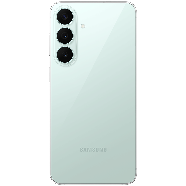 Samsung smartphone i grön färg, baksida med trippelkamera och Samsung-logotyp synlig.