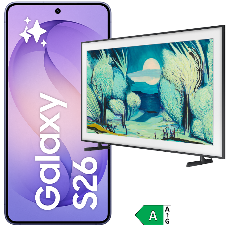 Samsung Galaxy S26+ smartphone i lila bredvid en Samsung The Frame TV med konstmotiv och energimärkning A.