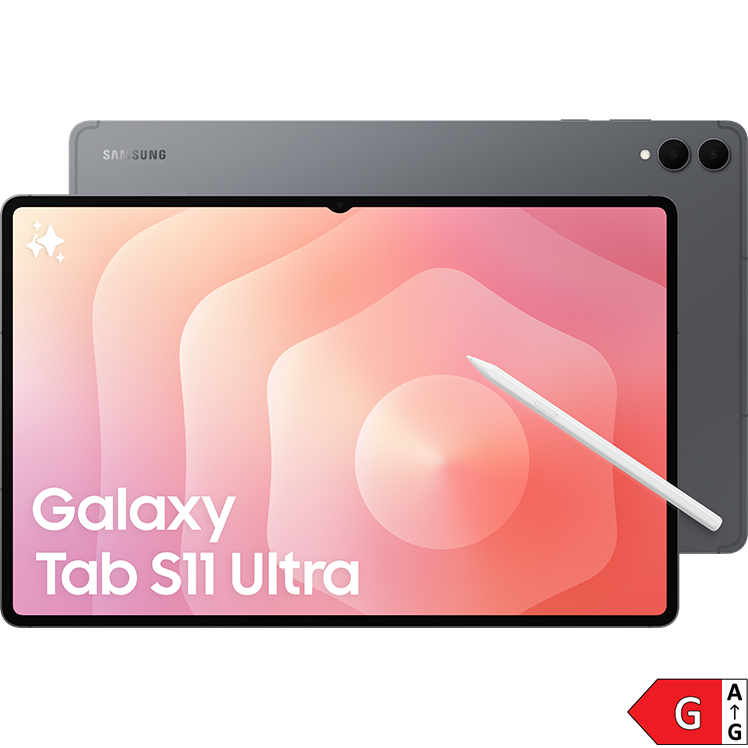 Grå Samsung Galaxy Tab S11 Ultra surfplatta med rosa skärmbakgrund, vit penna och texten "Galaxy Tab S11 Ultra" på displayen.