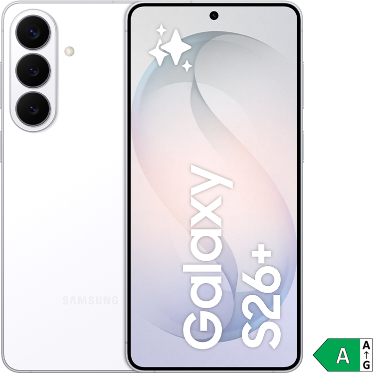 En vit Samsung Galaxy S26+ smartphone med trippelkamera, visande en elegant skärm med gradienter och energimärkning A.
