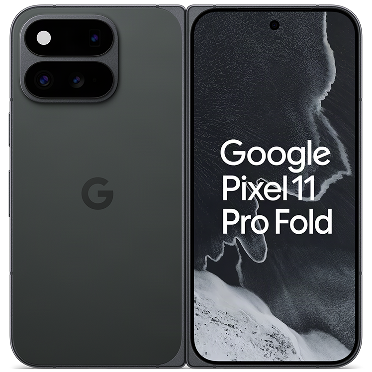Google Pixel 11 Pro Fold i svart färg, visad från baksidan med kameramodul och framsidan med skärm tänd.