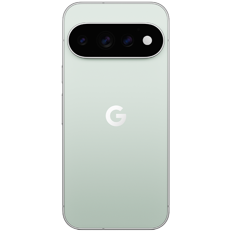 Baksida av ljusblå Google Pixel 11 Pro med trippelkamera och Google-logotyp i mitten.