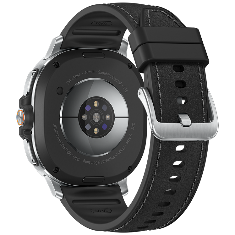 Svart Galaxy Watch8 Classic med pulssensor på undersidan, visad bakifrån med vit läderrem och metallspänne.