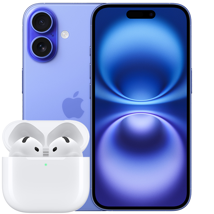 Vit airpods 4 med blå iPhone 16, fram- och baksida, skärm med mönster på framsidan, två kameror i övre vänstra hörnet på baksidan.