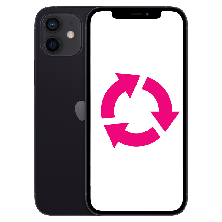 iPhone 12, svart, framsida och baksida, dubbellkamera i övre vänstra hörnet på mobilens baksida. Återvinningssymbol i mitten.