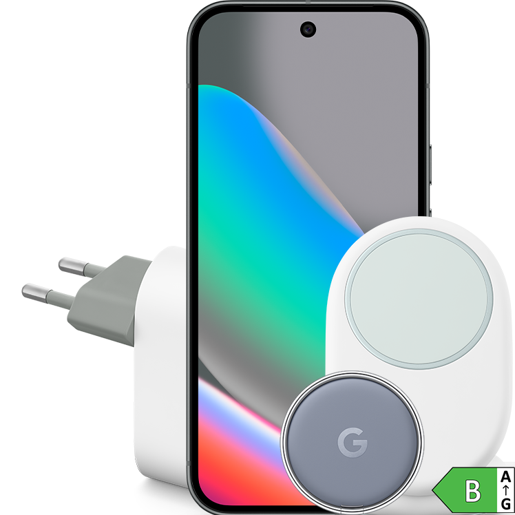 Pixel 10, svart, centrerad kamera högst upp och Google-laddare bredvid.