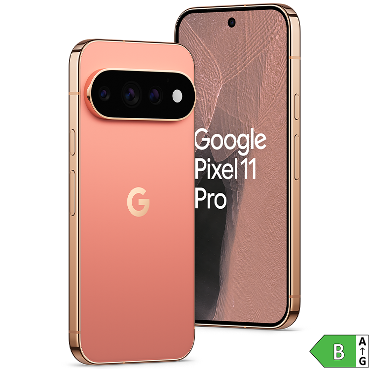 Google Pixel 11 Pro i rosa färg visad från fram- och baksida, med trippelkamera och energiklass B-märkning.