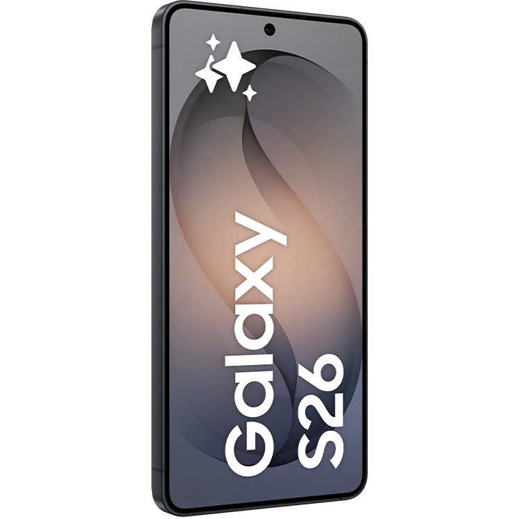 Samsung Galaxy S26 smartphone med pastellfärgad skärm i grått och orange med gnistrande stjärnor i övre hörnet.