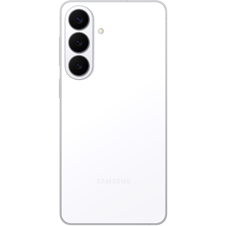 Baksidan av en vit Samsung-smartphone med tre kameror i en vertikal rad och en blixt placerad bredvid.