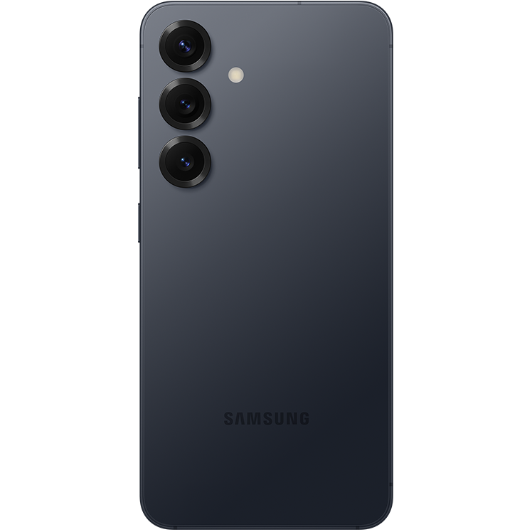 Mörkgrå Samsung-smartphone sedd bakifrån med tre vertikalt placerade kameralinser och Samsung-logotypen längst ner.