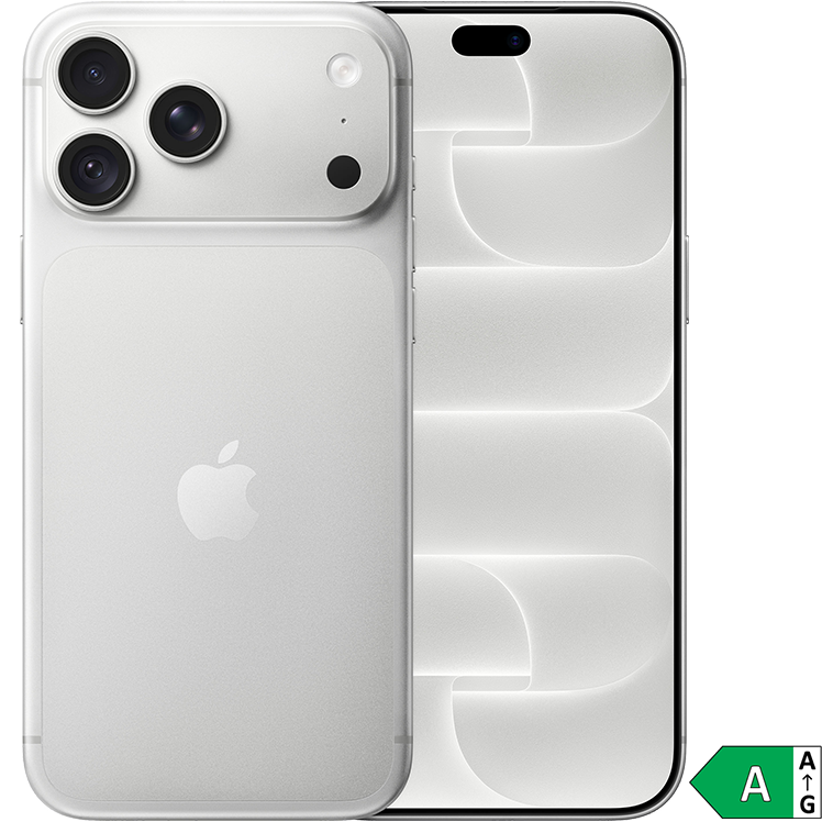 Silverfärgad iPhone 18 Pro Max visad från bak- och framsidan med trippelkamera och Dynamic Island, energiklass A-märkning.