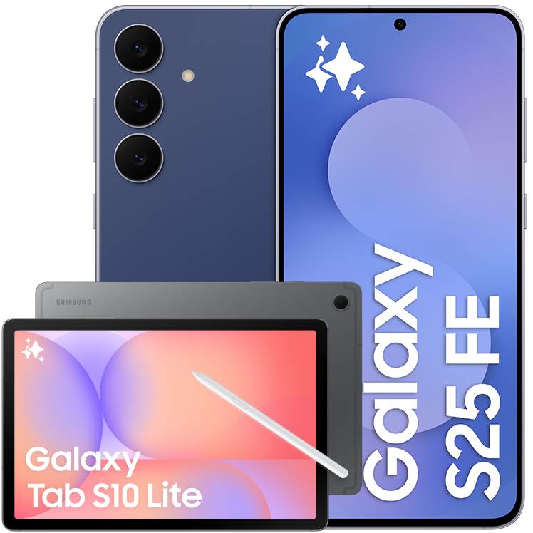 Blå Samsung Galaxy S25 FE smartphone med tre kameror bredvid en grå Galaxy Tab S10 Lite surfplatta med penna.