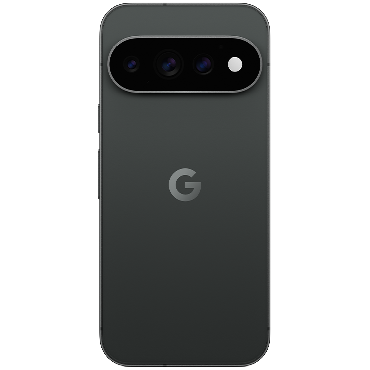 Baksida av svart Google Pixel 11 Pro med trippelkamera och Google-logotyp i mitten.