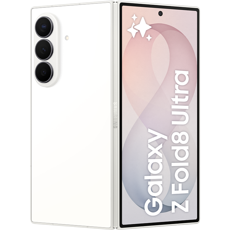 Samsung Galaxy Z Fold8 Ultra i vit färg, visad från baksidan med trippelkamera och framsidan med rosa skärm.