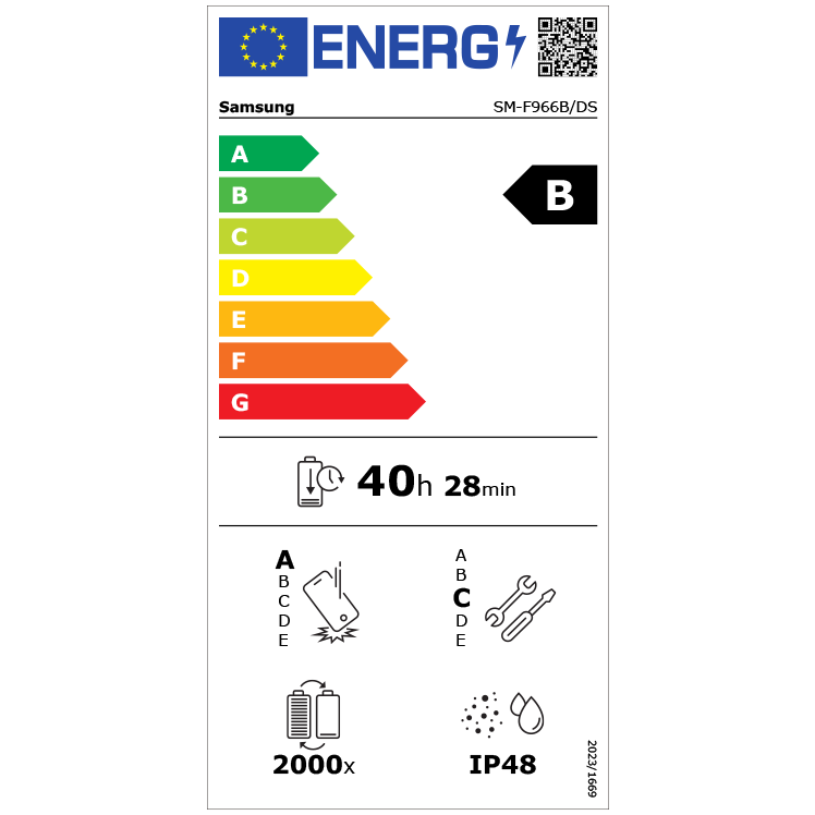 EU-energimärkning för Samsung Galaxy Z Fold7 med energiklass B, batteritid 40h 28min och IP48-klassificering.