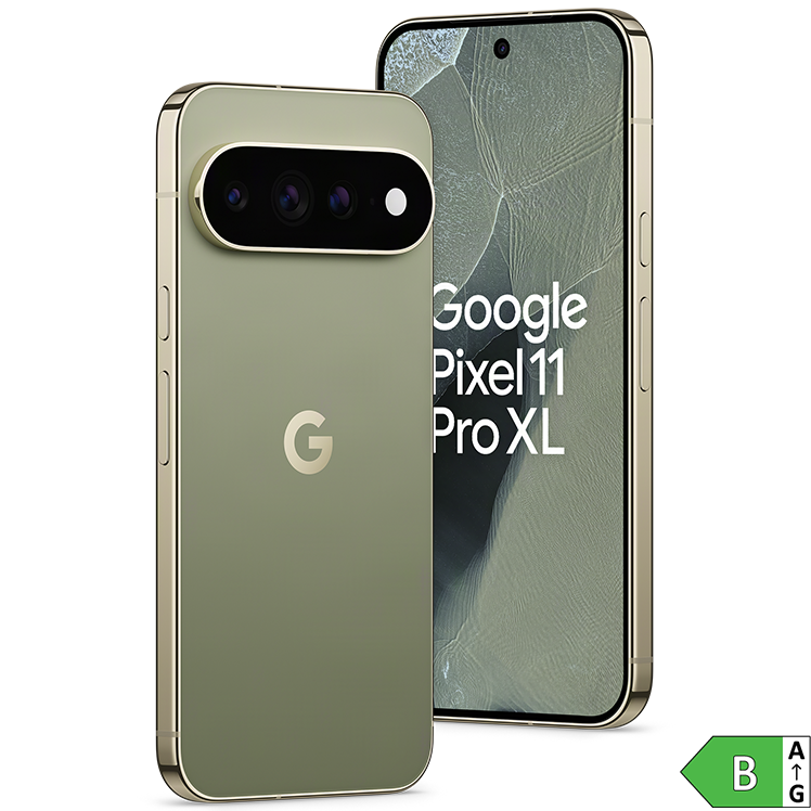 Google Pixel 11 Pro XL i grön färg visad från fram- och baksida med trippelkamera och energiklass B-märkning.